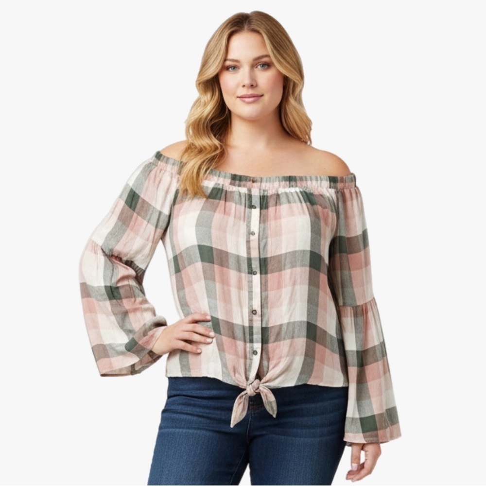 ➕ NWT American Rag Plaid Off The Shoulder Tie Front Top Women’s Size XXL